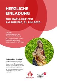 Plakat zum Maria-Hilf-Fest, darauf eine Marienstatue mit Jesuskind